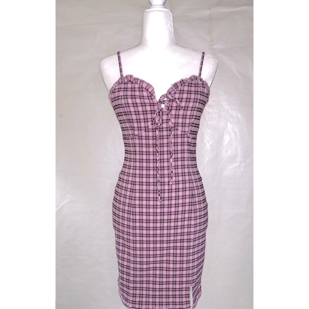 Fashion Nova Pink Plaid Lace-Up Bodycon Dress